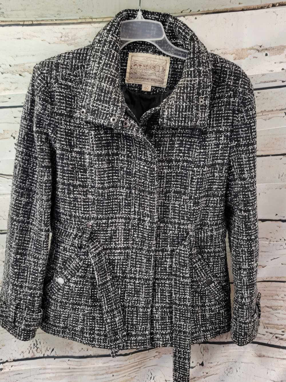Sawyer of Napa Black White Tweed Jacket L Plaid Bouclé Belted Zip Front